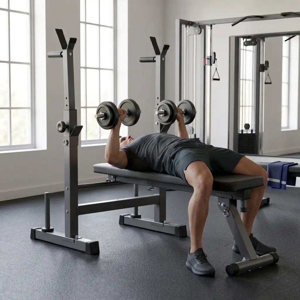 Adjustable Weight Bench with Dip Station & Barbell Rack