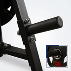 Close-up of a black adjustable weight bench frame with a horizontal bar handle, showing mounting bolts and a small inset detail of a 20 kg weight plate.