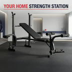 A black adjustable weight bench with an incline angle and attached barbell racks, shown in a modern home gym setting with the text 'YOUR HOME STRENGTH STATION' at the top.