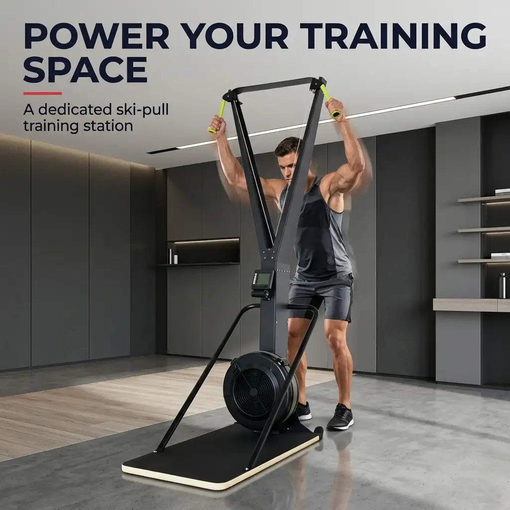 A man using a large black ski-pull training machine in a modern gym interior. The machine has a rectangular base, a large circular flywheel, and a tall angled pull-up frame with yellow handles.