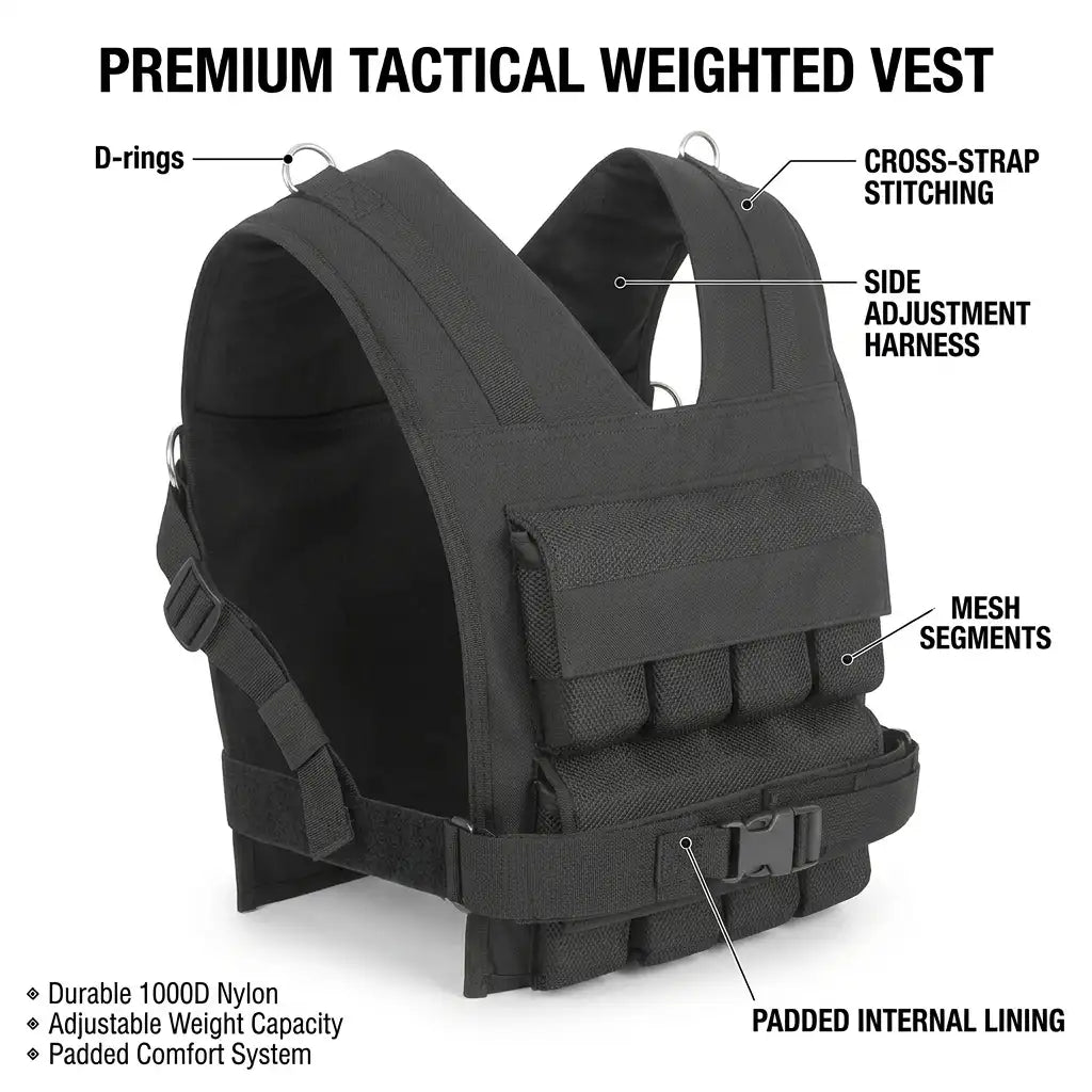 Black tactical weighted vest with labeled callouts for D-rings, cross-strap stitching, side adjustment harness, mesh segments, padded internal lining, and features on a white background.