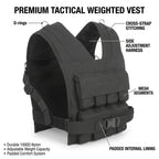 Black tactical weighted vest with labeled callouts for D-rings, cross-strap stitching, side adjustment harness, mesh segments, padded internal lining, and features on a white background.