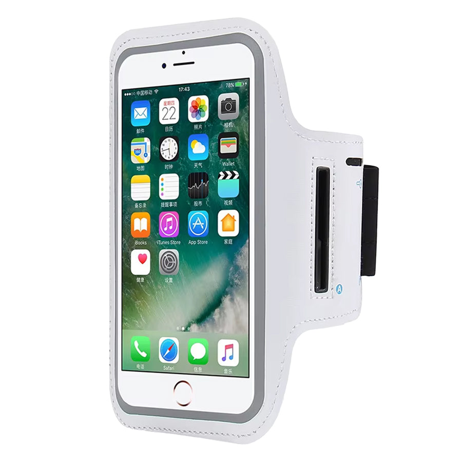 A black sports armband phone holder with an adjustable strap, designed to fit smartphones like the iPhone or Samsung Galaxy. It shows a smartphone with a touchscreen visible and the armband's Velcro closure on the side.
