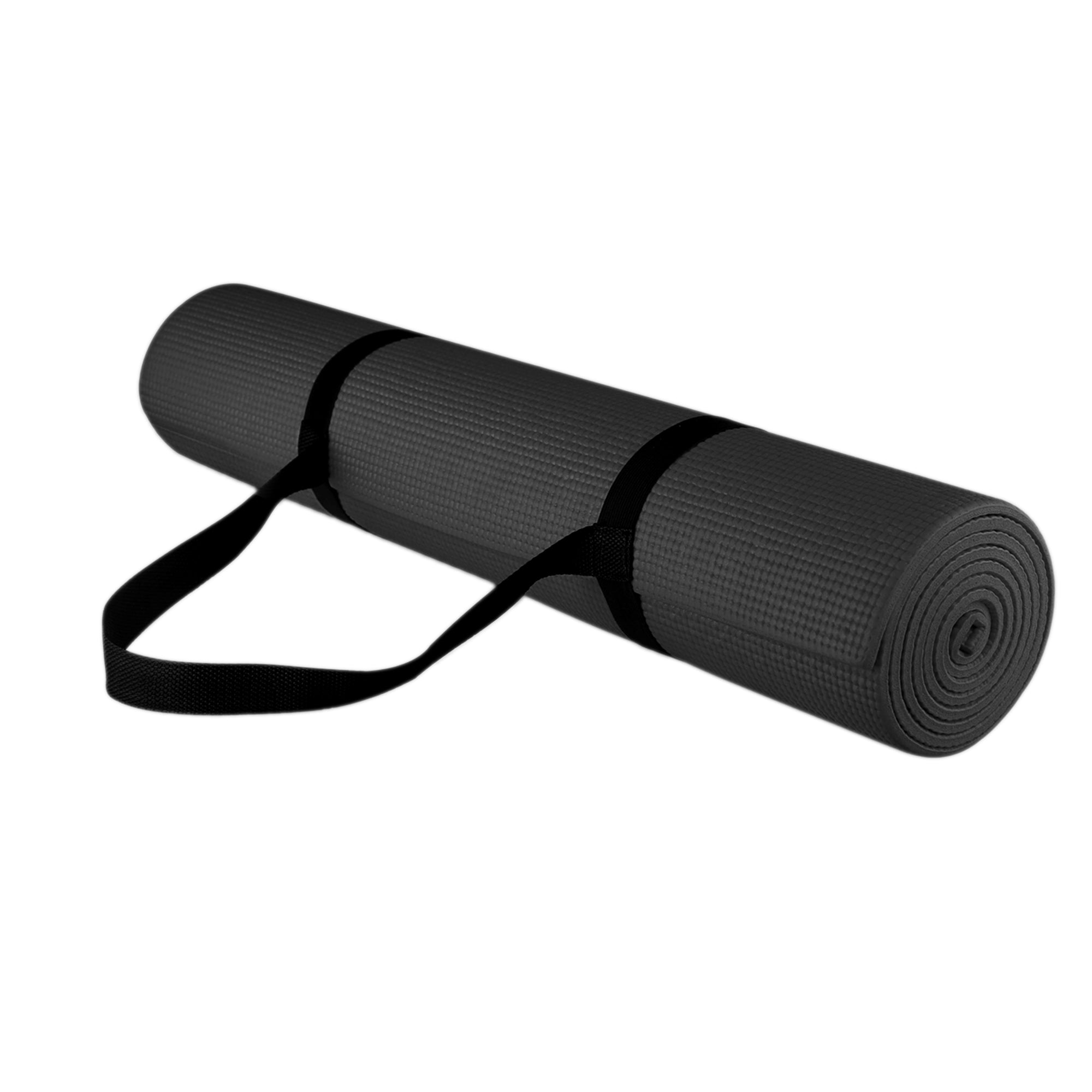 Black yoga mat with a strap on a white background