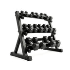 A black metal dumbbell rack holding multiple hex dumbbells on a clean white background.