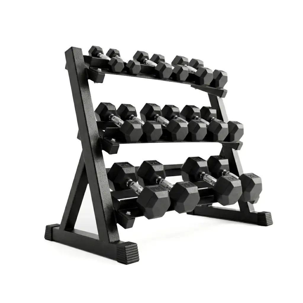 A black metal dumbbell rack holding multiple hex dumbbells on a clean white background.