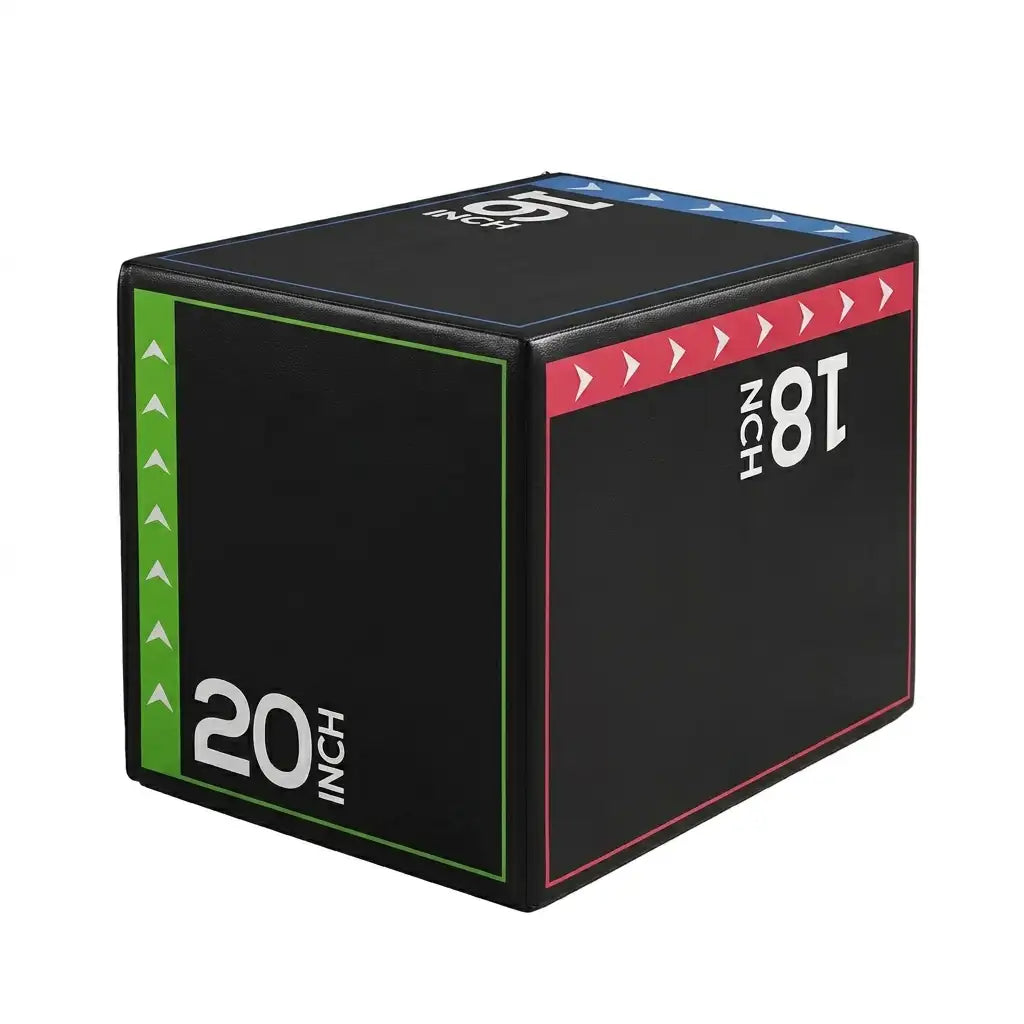 A black plyo box with colorful borders and text indicating 20 inch height on one side and 18 inch height on the front, shown on a plain white background.