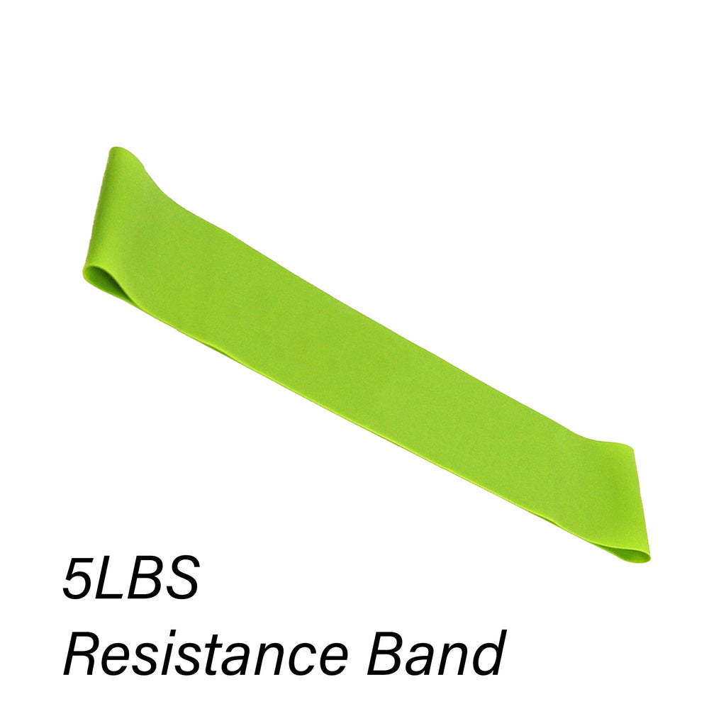 Green resistance band labeled '5LBS Resistance Band' on a white background