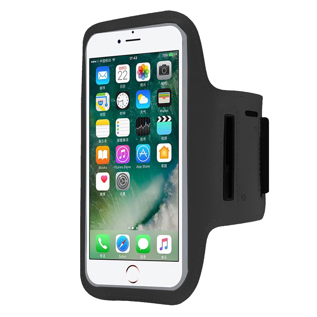 A black sports armband phone holder with an adjustable strap, designed to fit smartphones like the iPhone or Samsung Galaxy. It shows a smartphone with a touchscreen visible and the armband's Velcro closure on the side.