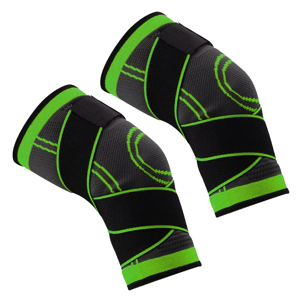 A black and green knee support brace with stabilizing strap and copper infused compression fabric.