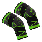 A black and green knee support brace with stabilizing strap and copper infused compression fabric.