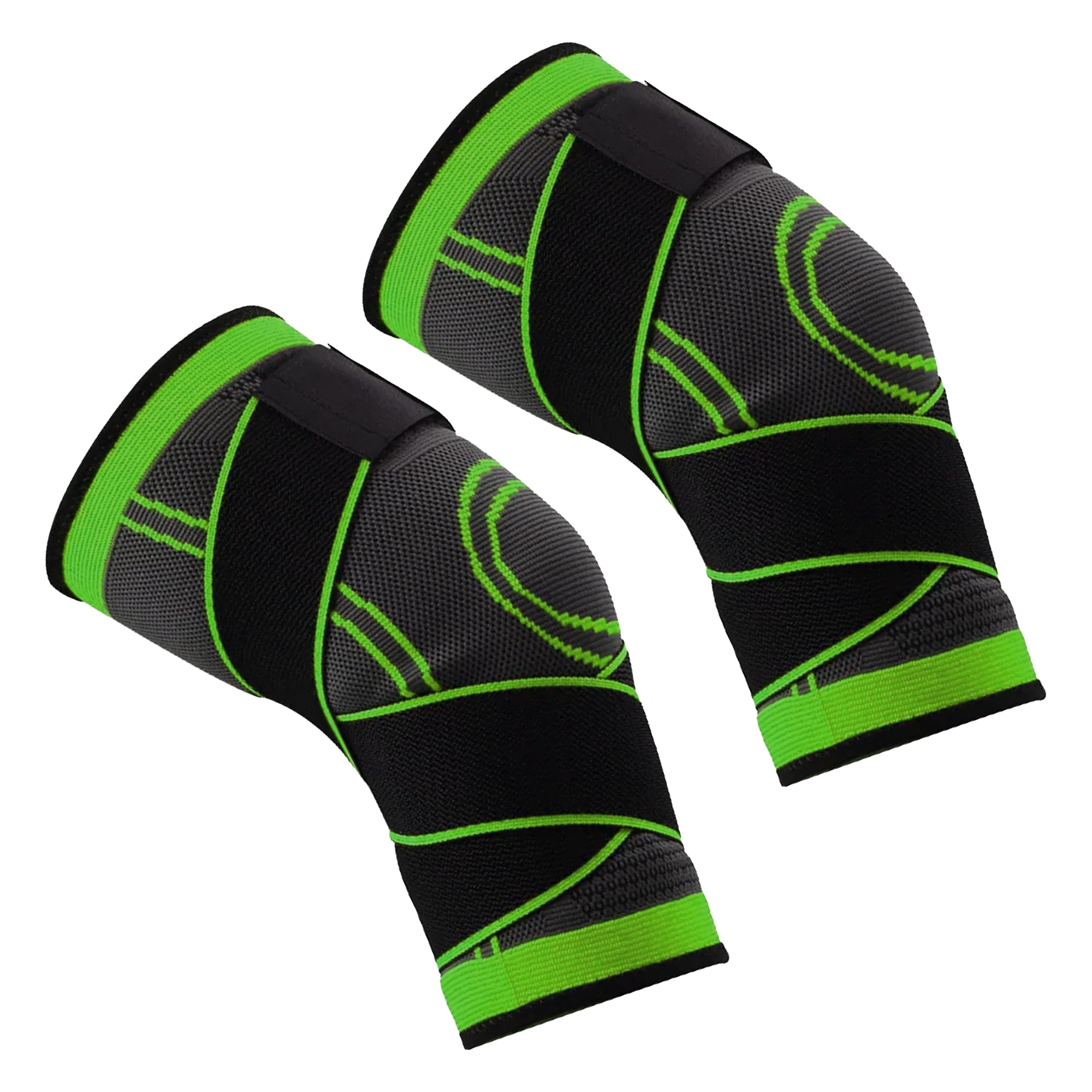 A black and green knee support brace with stabilizing strap and copper infused compression fabric.