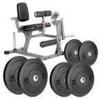 A professional leg extension and curl machine with a gray steel frame and black padded comfort seating.
