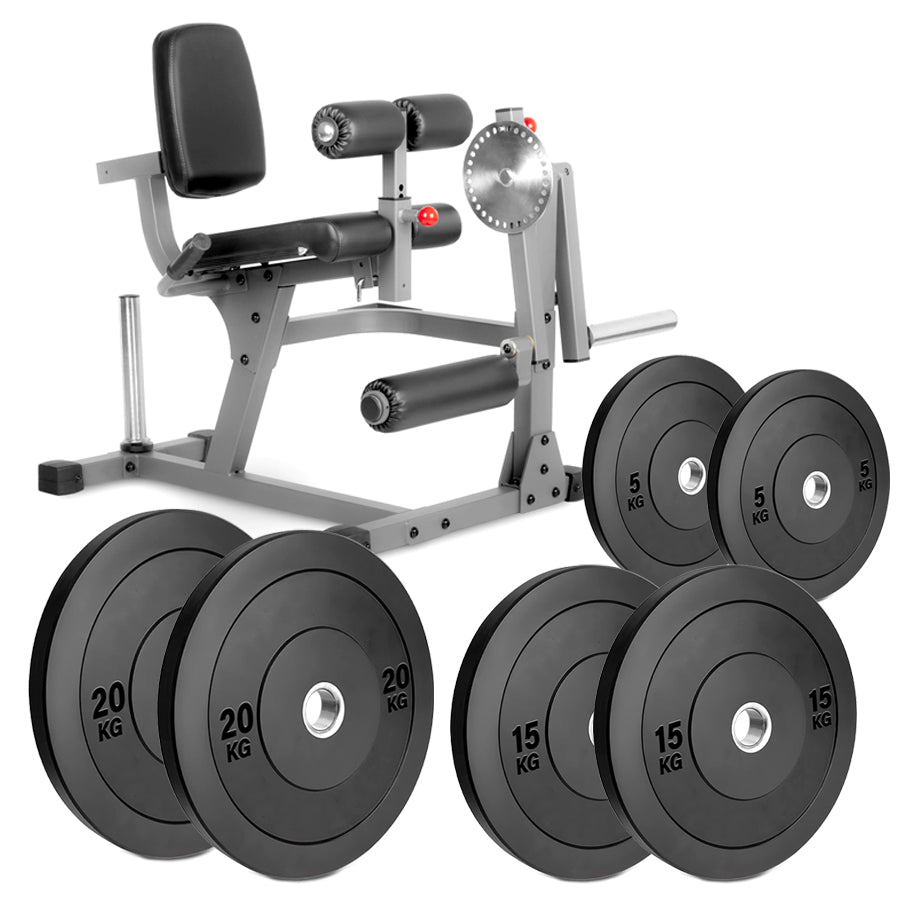 A professional leg extension and curl machine with a gray steel frame and black padded comfort seating.