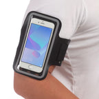 Person wearing a black arm band with a smartphone on their arm.