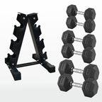 Set of hexagonal dumbbells with a black metal stand on a white background