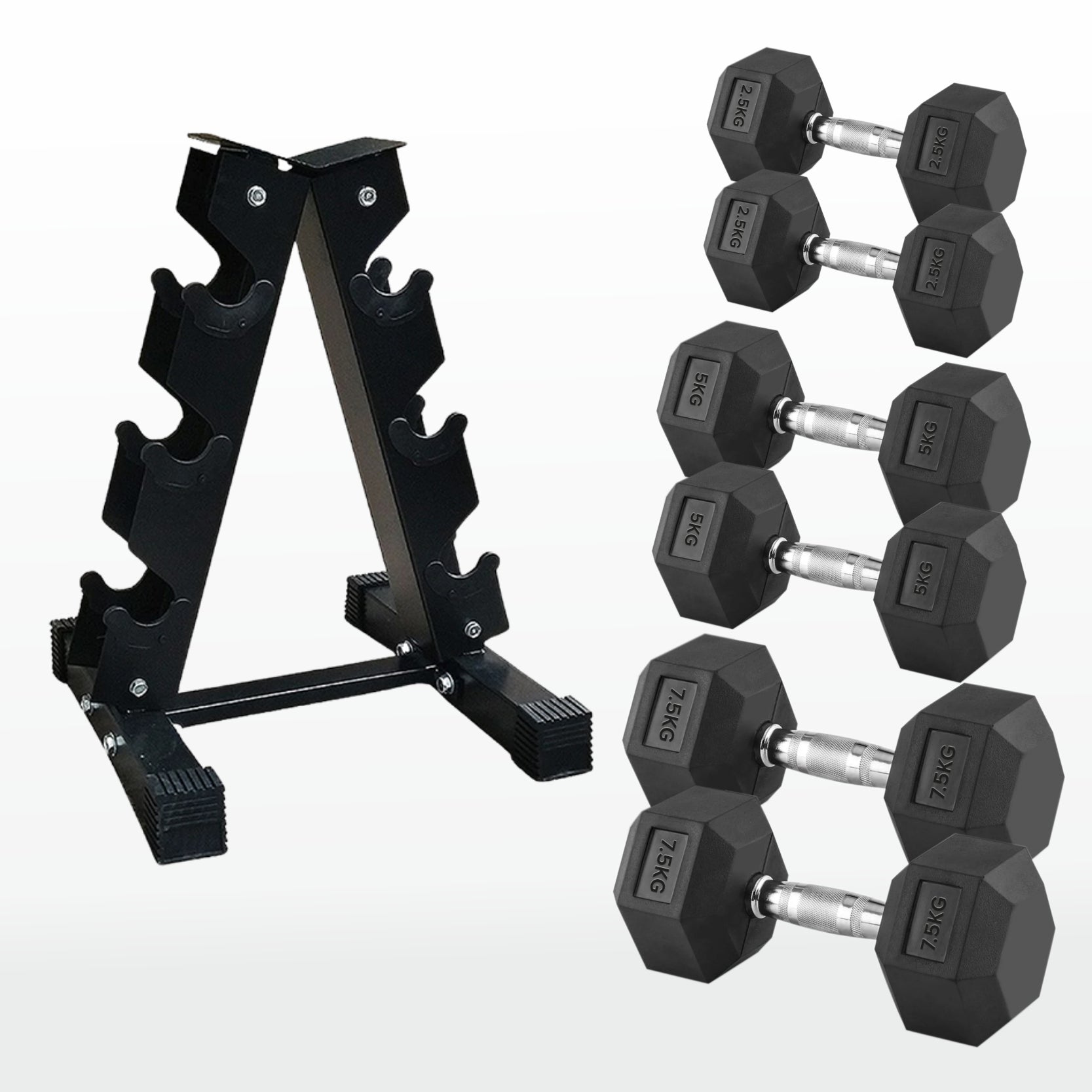 Set of hexagonal dumbbells with a black metal stand on a white background