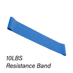 Blue resistance band labeled '10LBS Resistance Band' on a white background