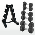 Set of hexagonal dumbbells with a black metal stand on a white background