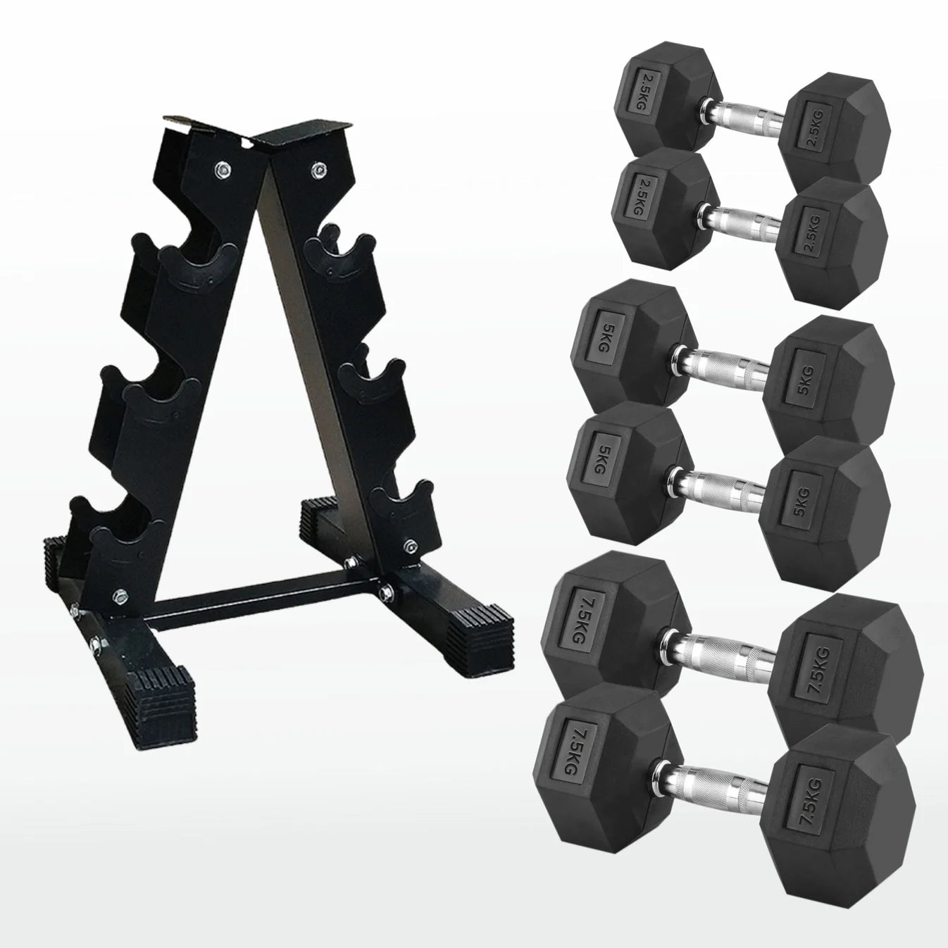 Set of hexagonal dumbbells with a black metal stand on a white background
