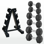 Set of hexagonal dumbbells with a black metal rack on a white background