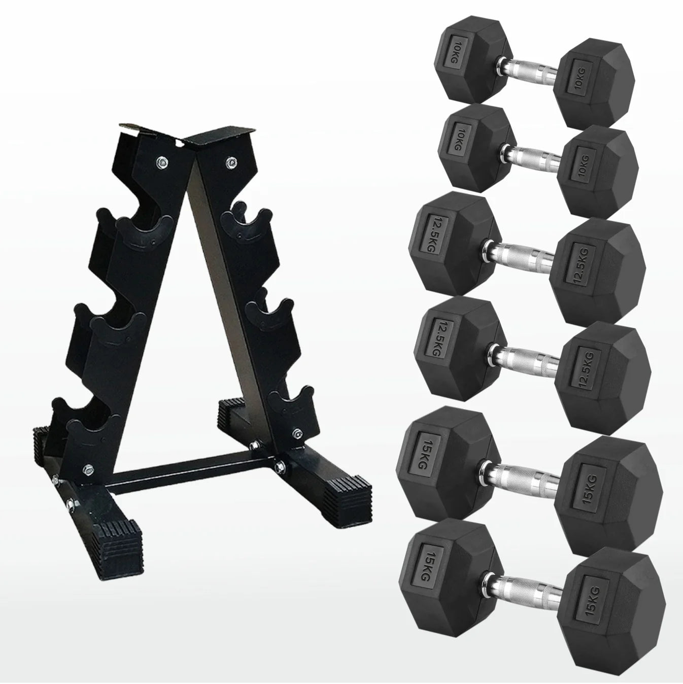 Set of hexagonal dumbbells with a black metal rack on a white background
