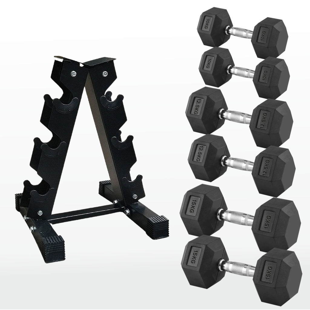 Black dumbbell rack and set of hexagonal dumbbells on a white background