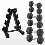 Black dumbbell rack and set of hexagonal dumbbells on a white background