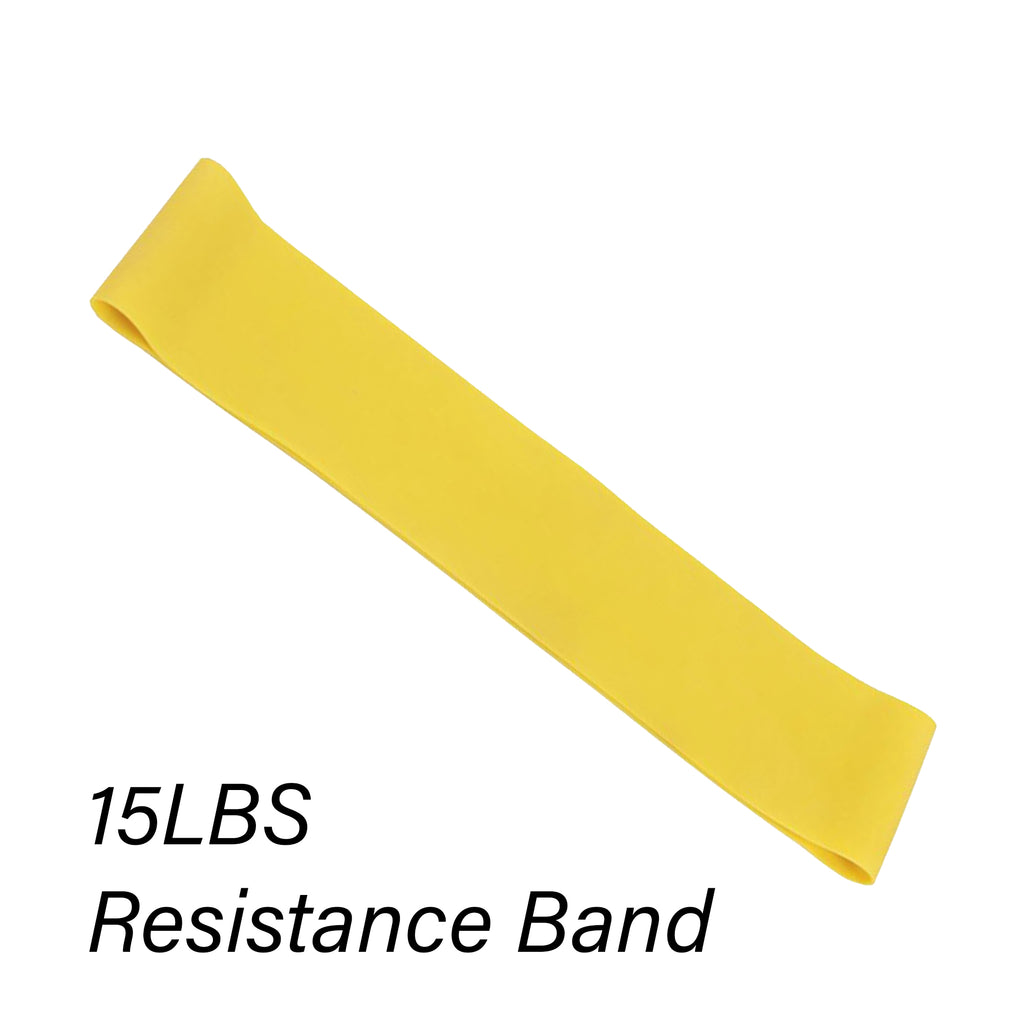 Yellow resistance band labeled '15LBS Resistance Band' on a white background