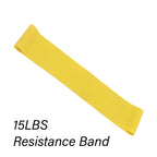 Yellow resistance band labeled '15LBS Resistance Band' on a white background