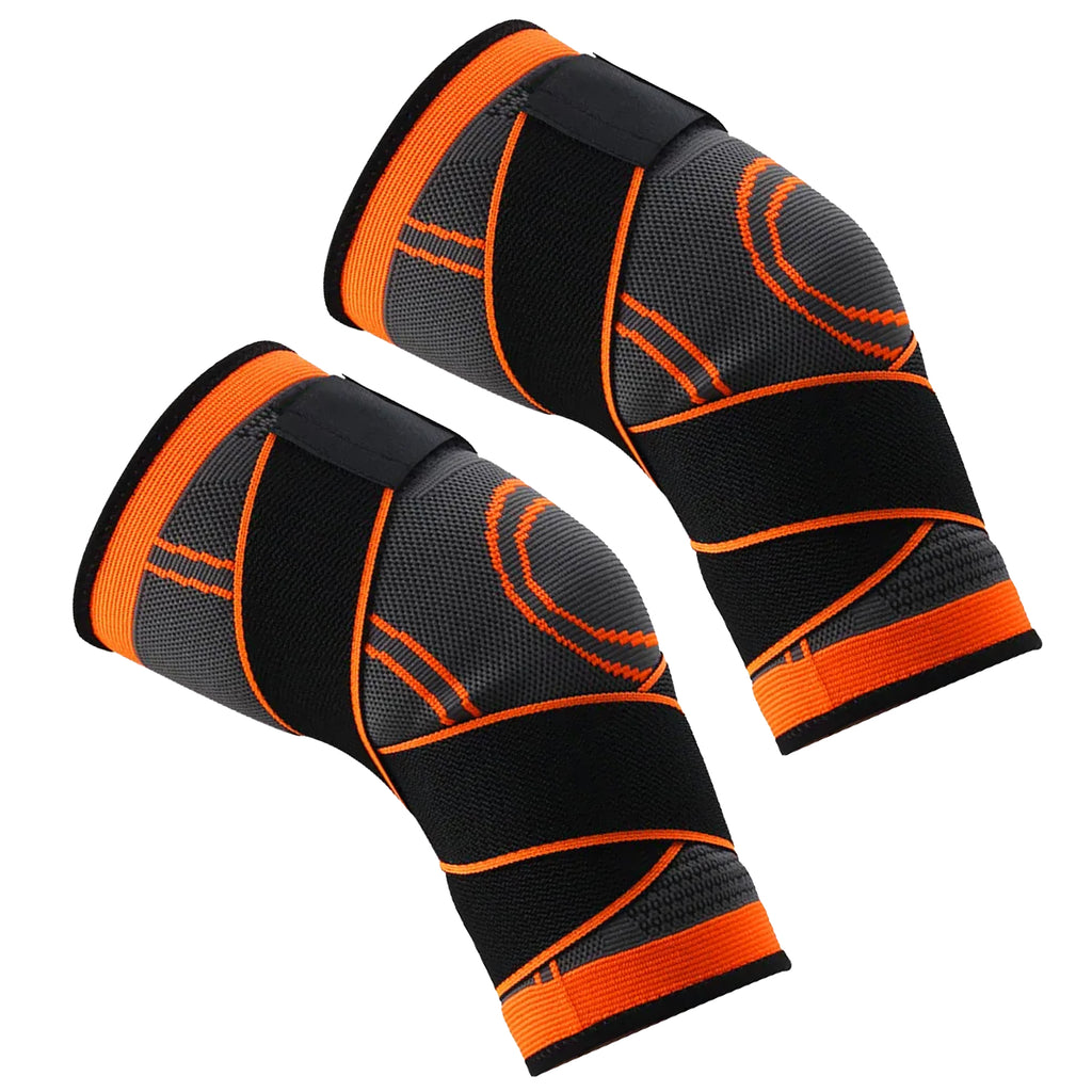 Pair of black and orange knee sleeves on a white background