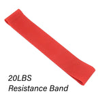 Red resistance band labeled '20LBS Resistance Band' on a white background