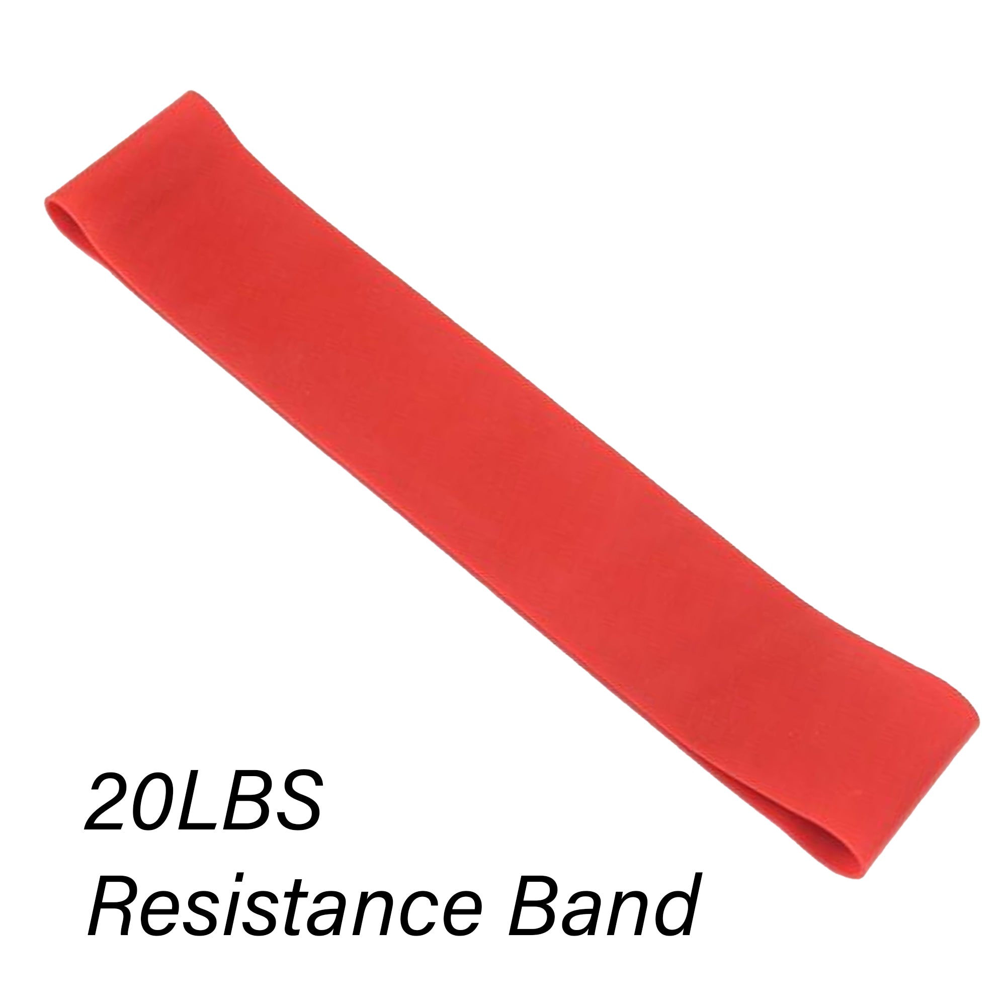 Red resistance band labeled '20LBS Resistance Band' on a white background