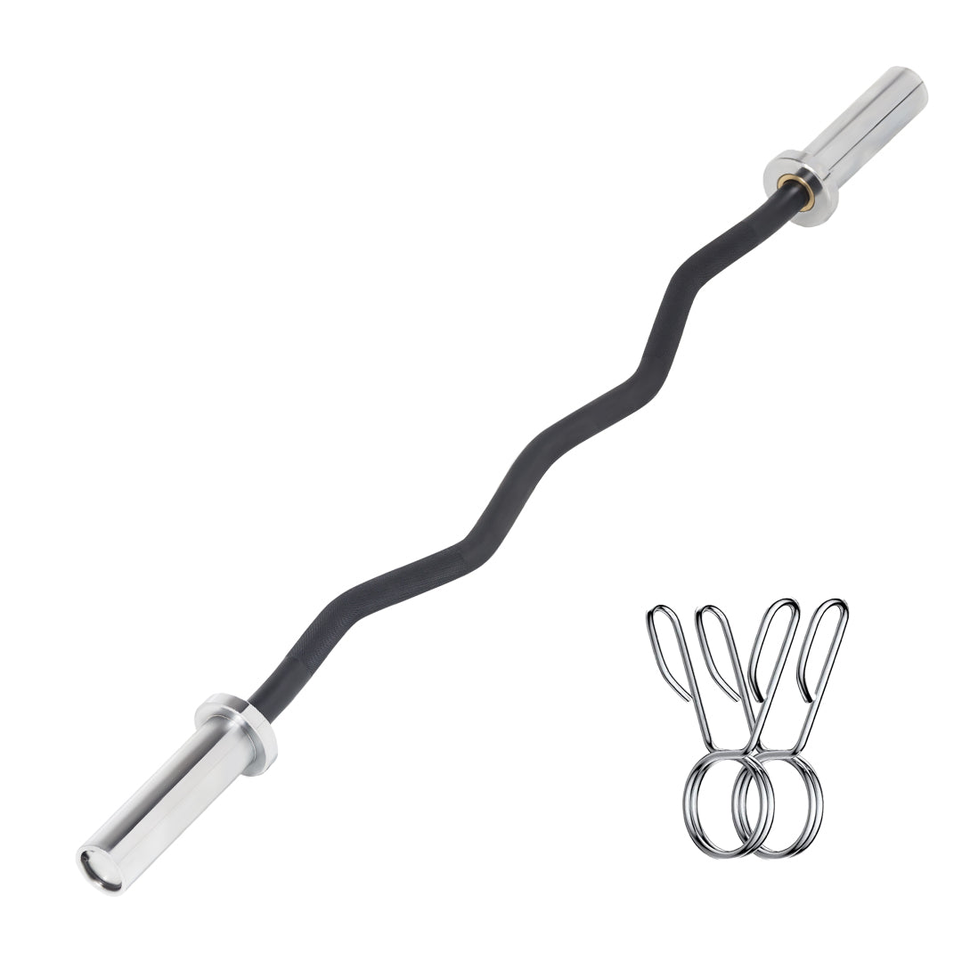 Curved barbell with chrome ends and attachments on a white background