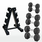 Set of black dumbbells with a weight rack on a white background