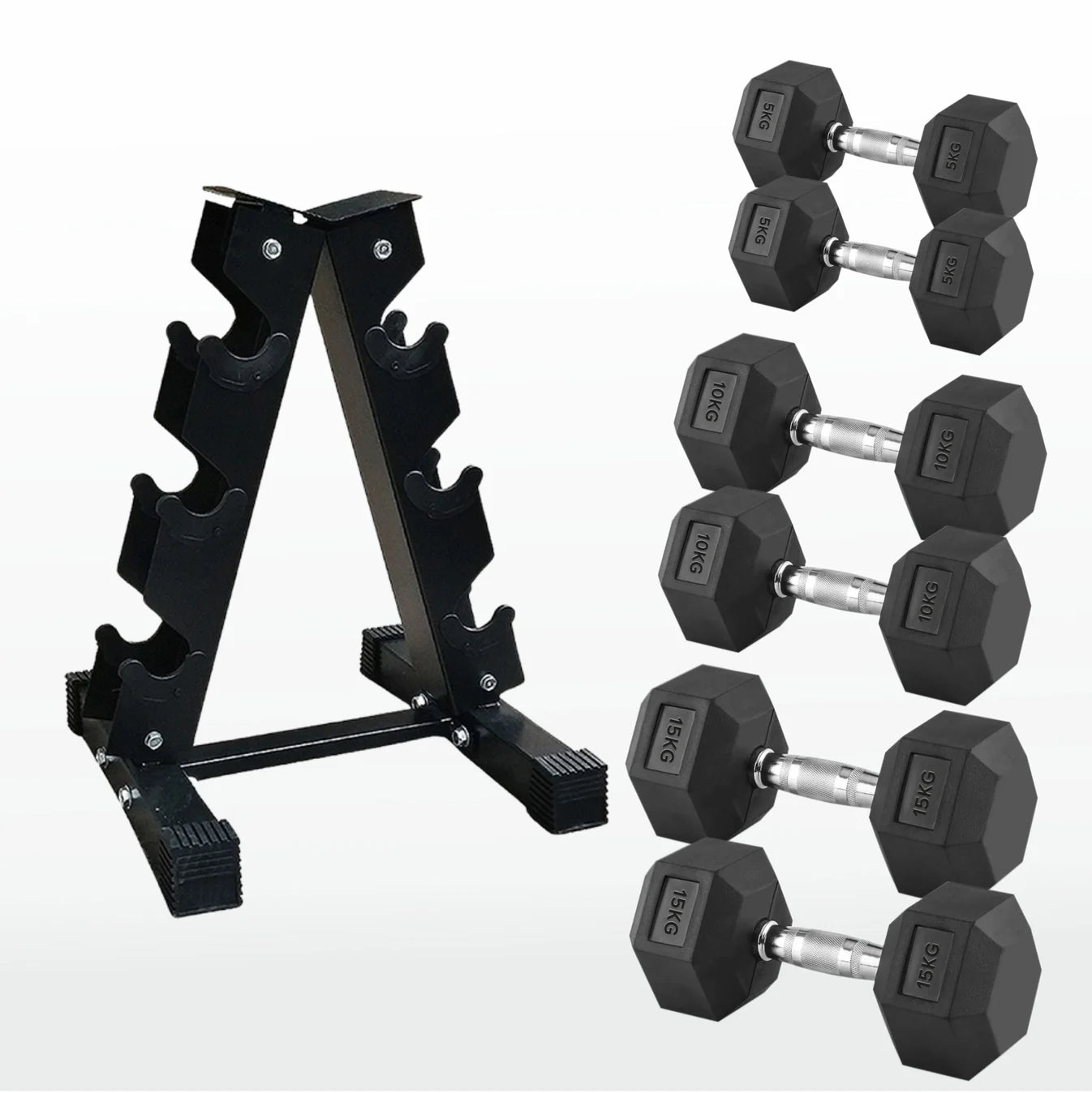 Set of black dumbbells with a weight rack on a white background