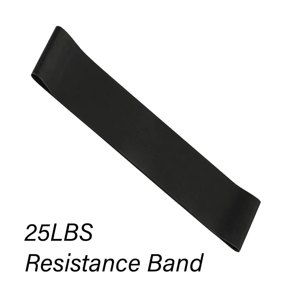 Black resistance band labeled '25LBS Resistance Band' on a white background