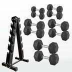 Set of hexagonal dumbbells with a black metal rack on a white background