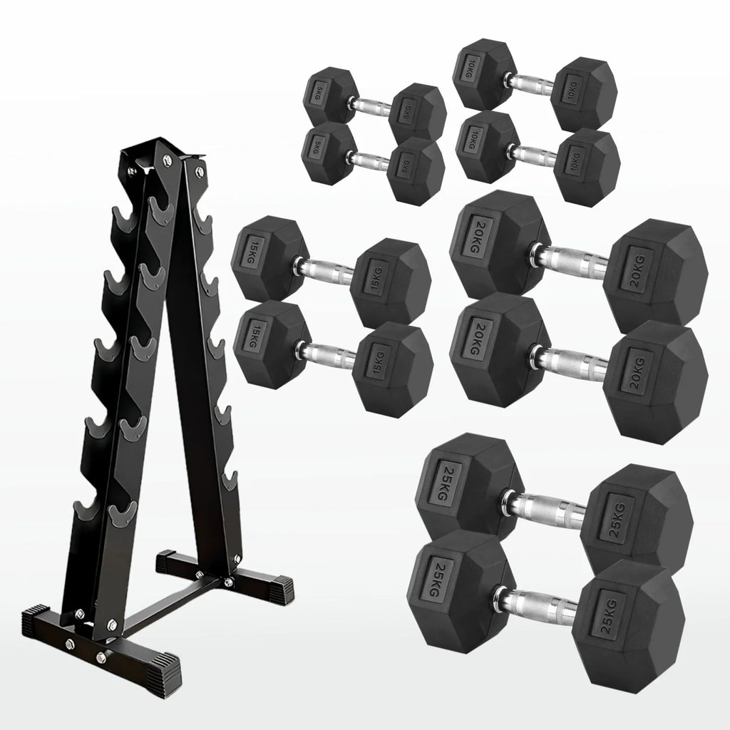 Set of hexagonal dumbbells with a black metal stand on a white background