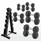 Set of hexagonal dumbbells with a black metal stand on a white background