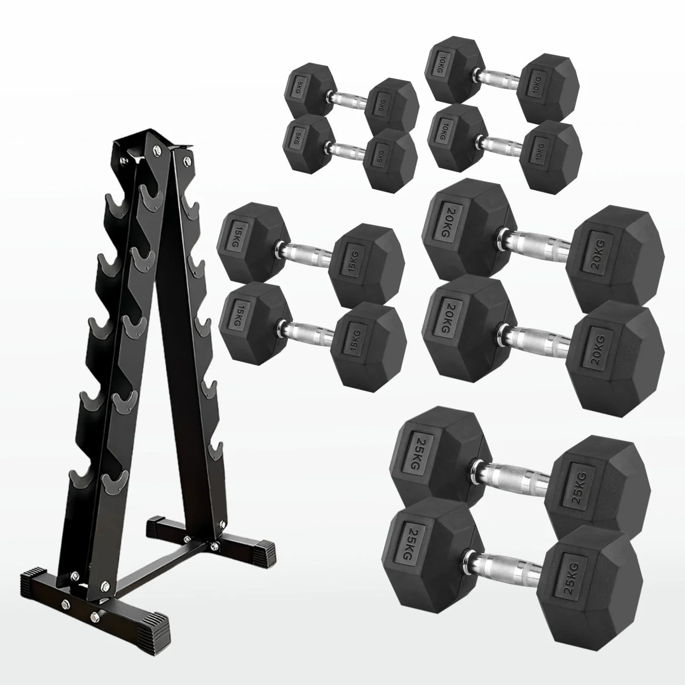 Set of hexagonal dumbbells with a black metal stand on a white background