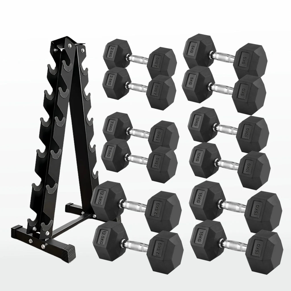 Set of hexagonal dumbbells with a black metal rack on a white background
