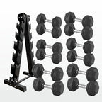 Set of hexagonal dumbbells with a black metal rack on a white background
