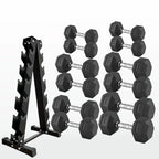 Set of hexagonal dumbbells with a black metal rack on a white background