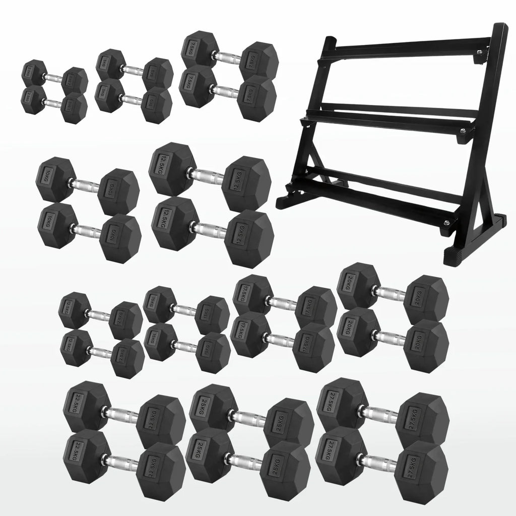 Set of hexagonal dumbbells with a black metal stand on a white background