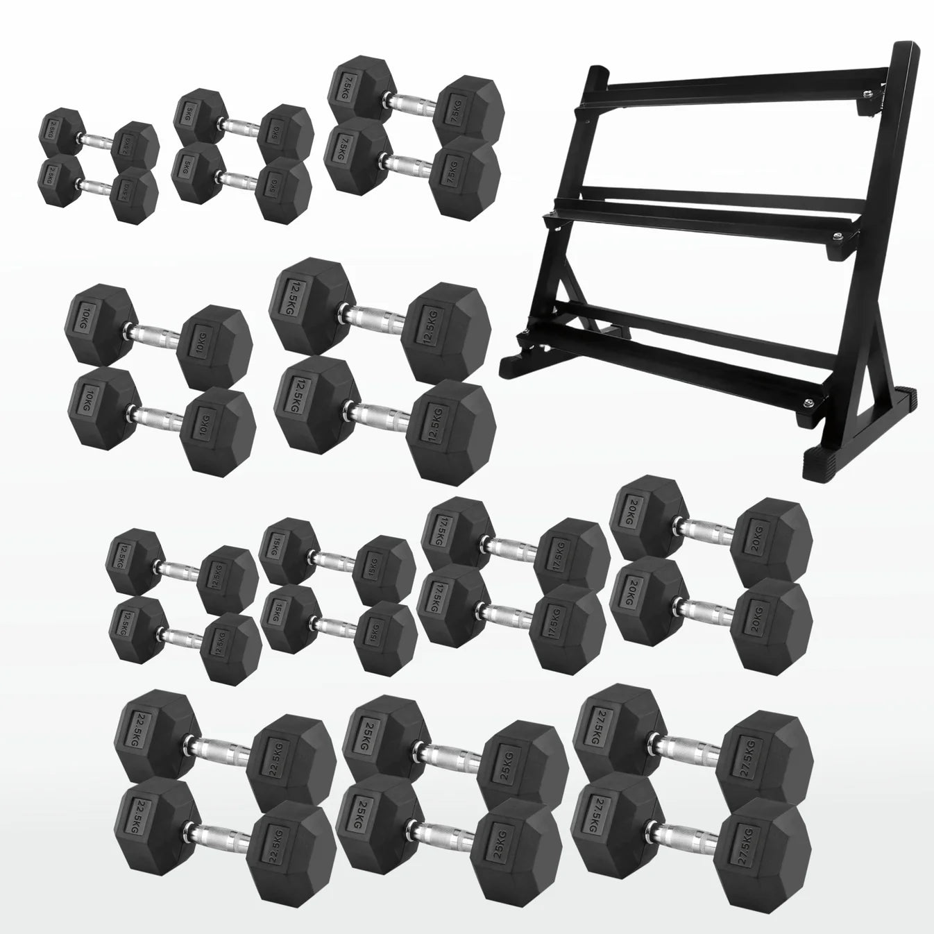 Set of hexagonal dumbbells with a black metal stand on a white background