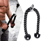 Fitness equipment with twisted rope handles held by a muscular person.