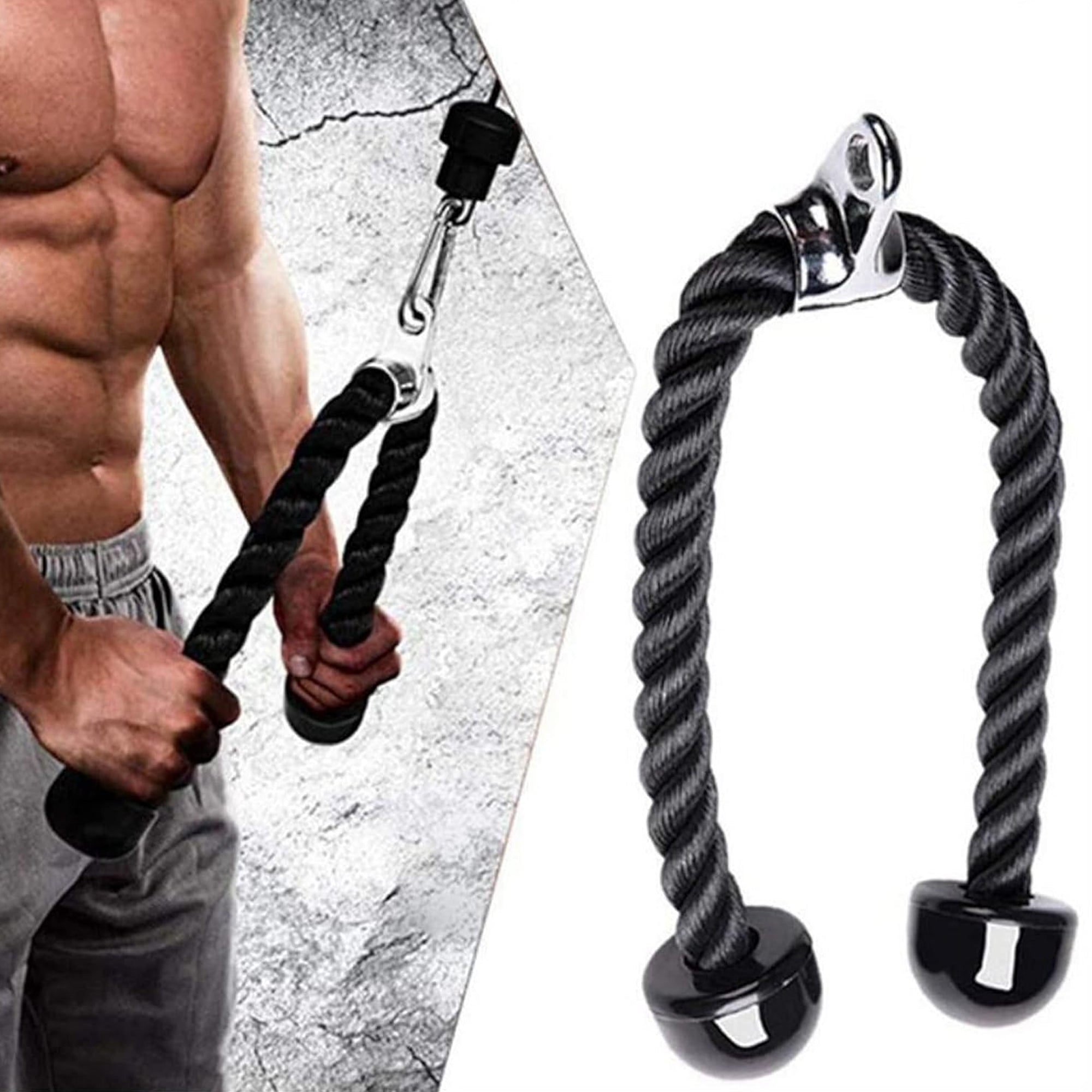 Fitness equipment with twisted rope handles held by a muscular person.
