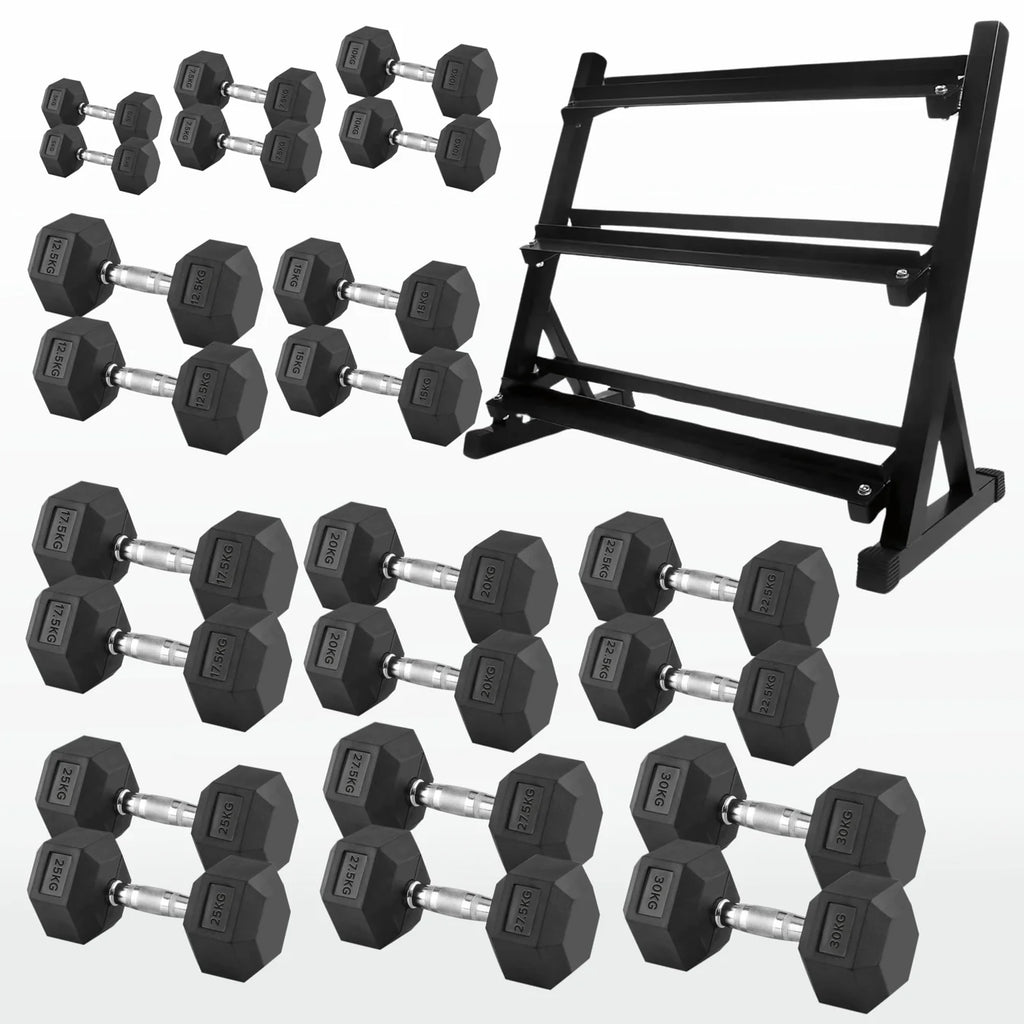 Set of black hexagonal dumbbells with a black metal rack on a white background