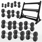 Set of black hexagonal dumbbells with a black metal rack on a white background